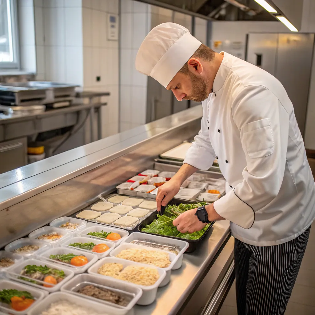 A chef preparing frozen meals in a modern kitchen